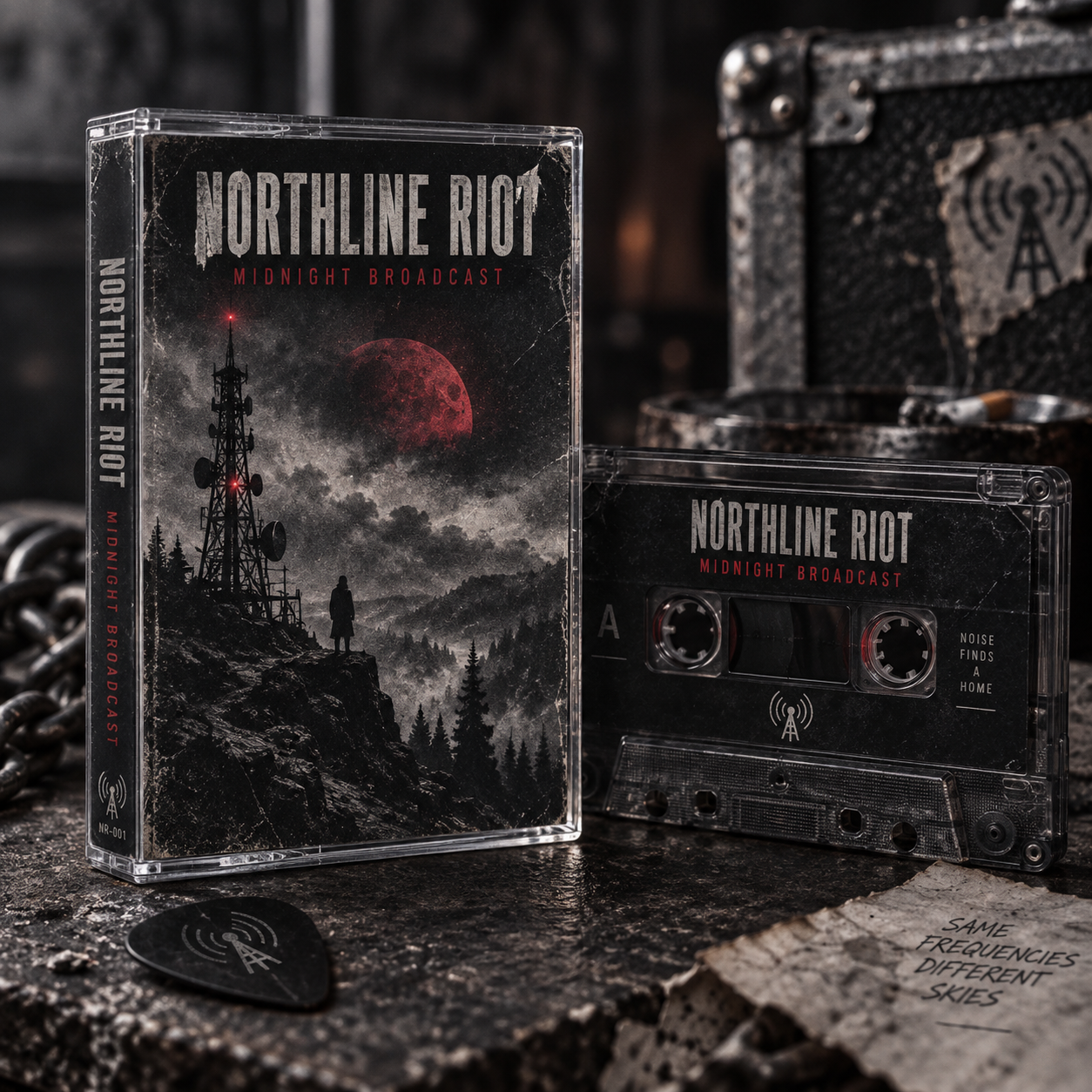 Fictional rock cassette release with smoke-tinted shell and gritty J-card
