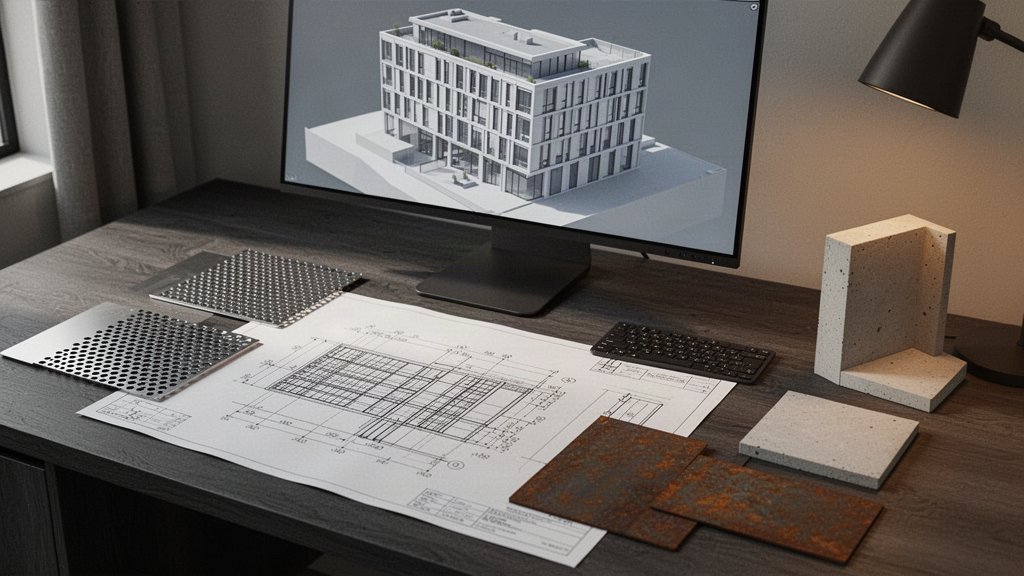 Architectural façade drawing, material sample and mock-up coordination study