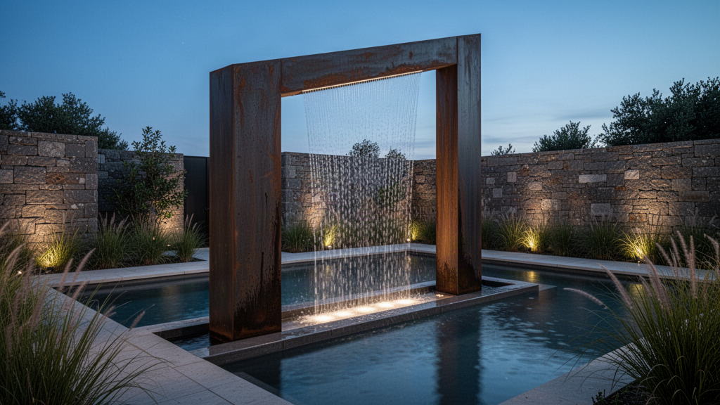 SVALDR Rain weathered-steel architectural rain curtain beside a contemporary pool