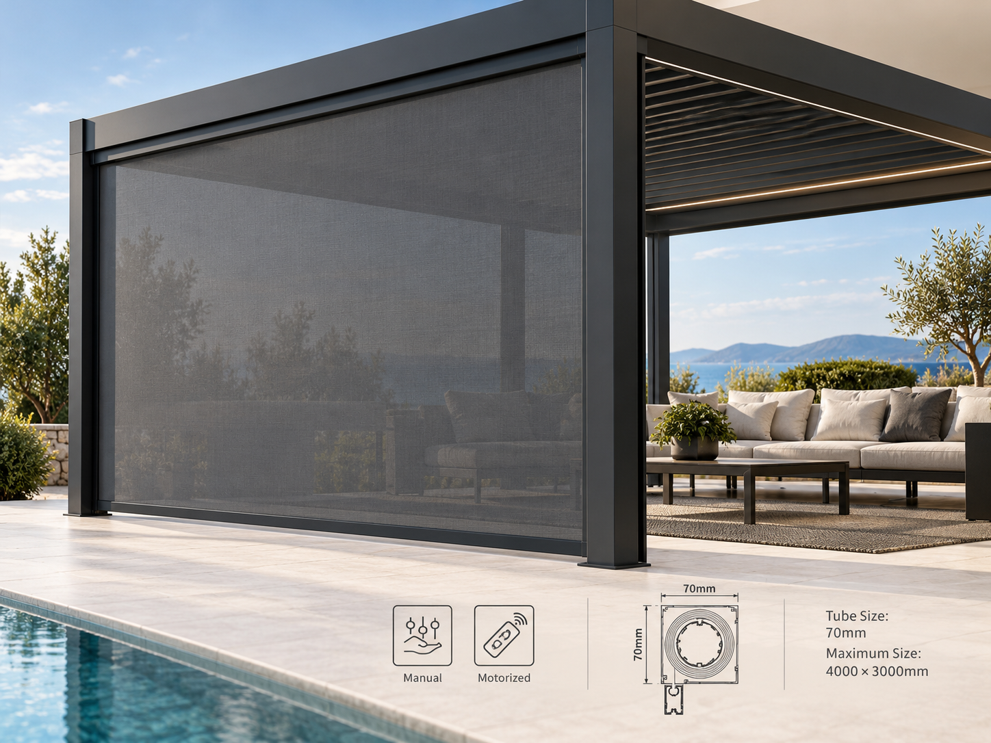 W100 zip screen — illustrative ORZENZA accessory visual