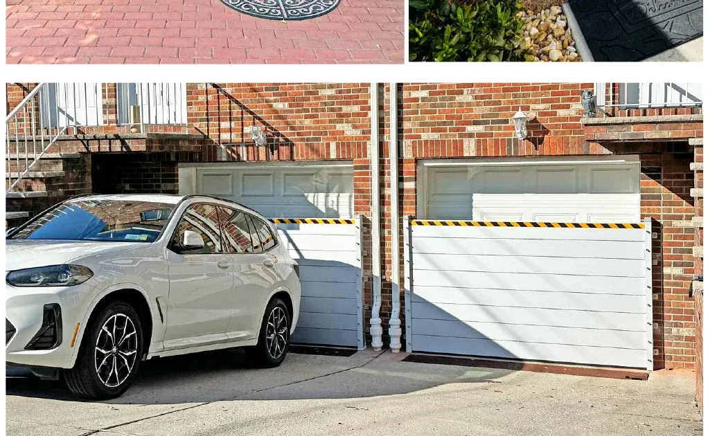 Aluminium flood barriers across garage openings