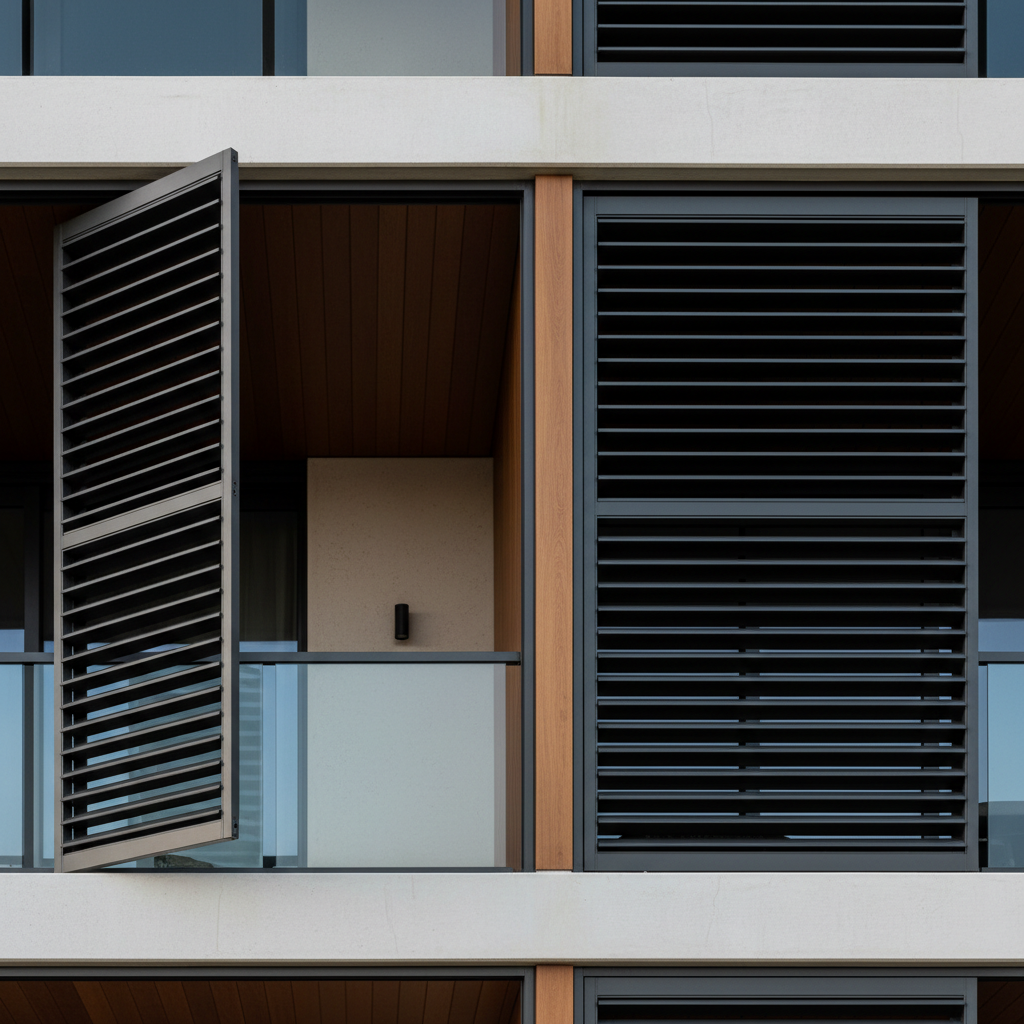 Exterior aluminium louvred shutters on a contemporary architectural facade