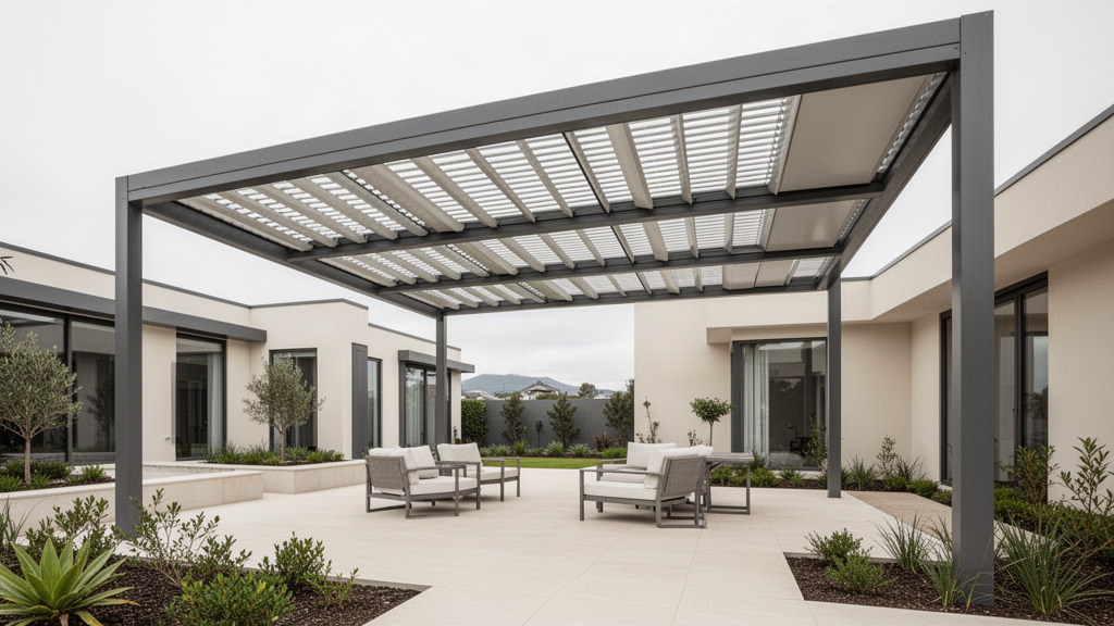 Large architectural bioclimatic roof over a contemporary terrace