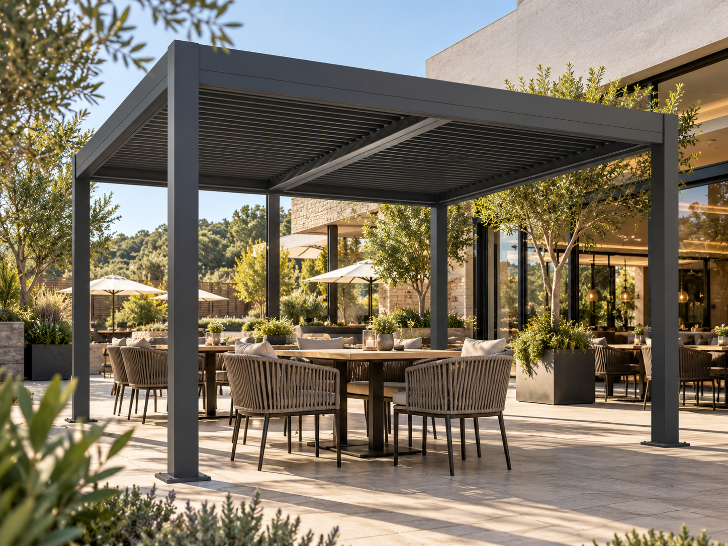 ORZENZA steel louvre pergola commercial terrace configuration visualisation