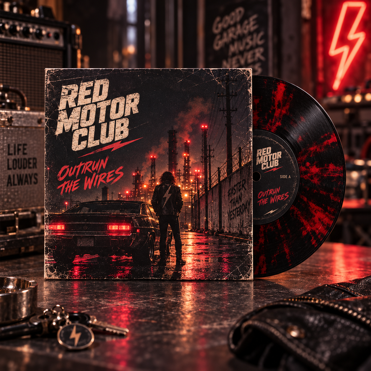 Fictional garage-rock 7-inch single with dark sleeve and splatter vinyl