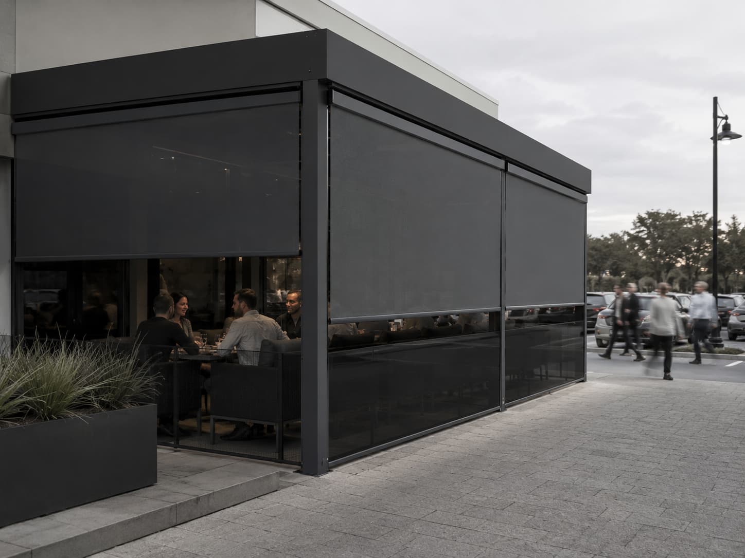 Multiple coordinated outdoor roller screens