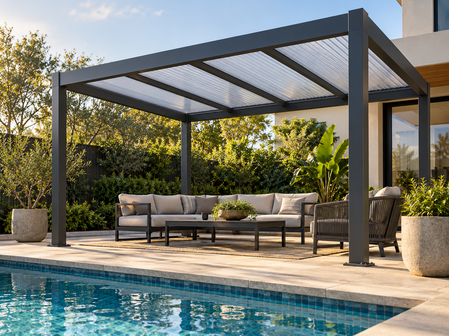 Charcoal CADARN Fixed Roof beside a swimming pool