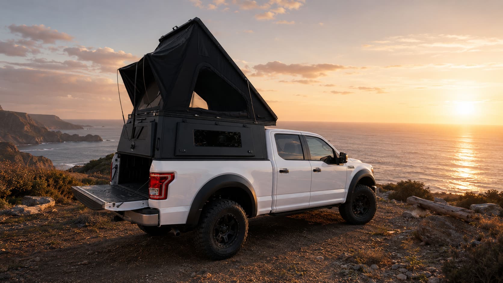TerraRise rooftop camping configuration on a pickup beside the coast