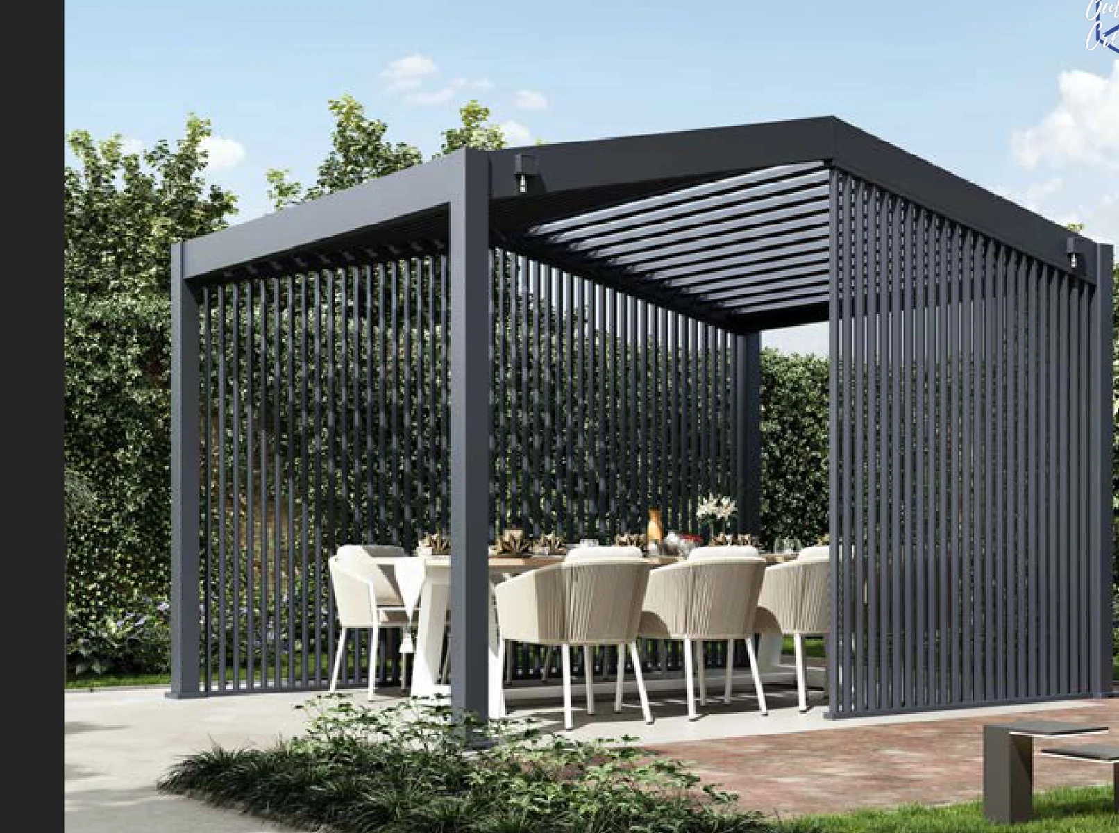 VARDHUS APEX compact dark pergola with vertical architectural screens