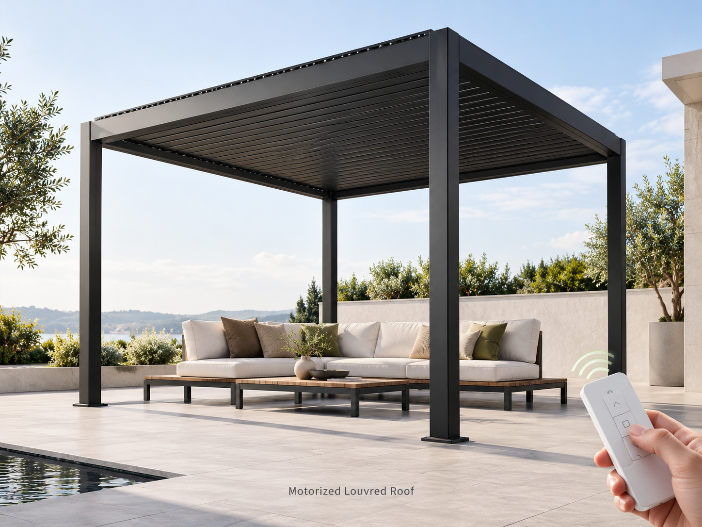 Motorised louvred roof — illustrative ORZENZA accessory visual