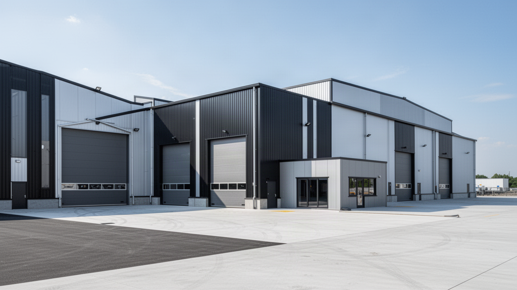 Modern clear-span steel warehouse and workshop complex with loading apron