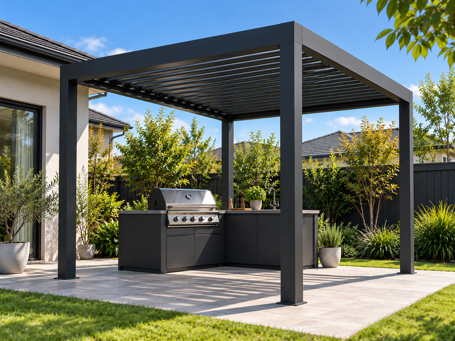 Illustrative ORZENZA residential steel outdoor kitchen pergola in an ordinary residential setting