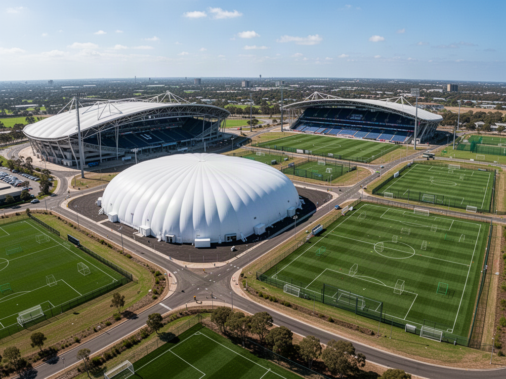 Air-supported training dome beside a generic stadium and outdoor training fields