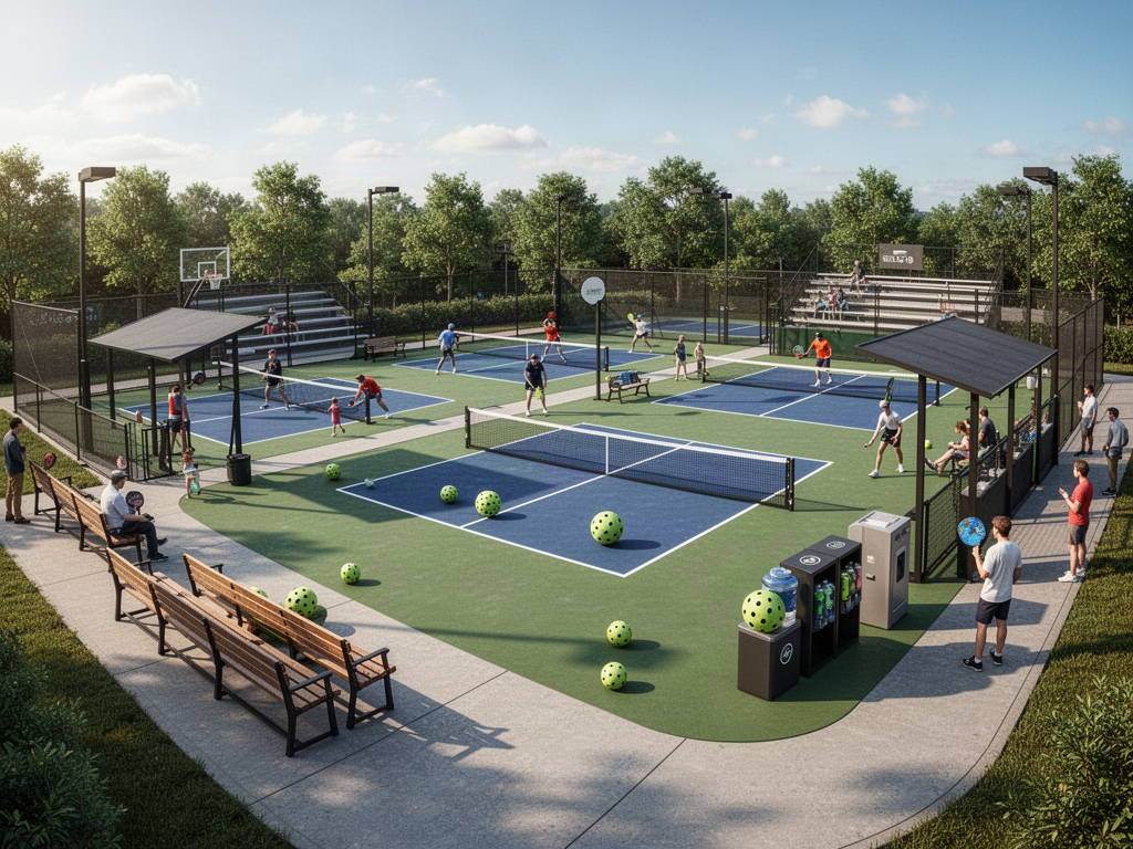 Pickleball club spectator seating and shaded player waiting area beside active courts