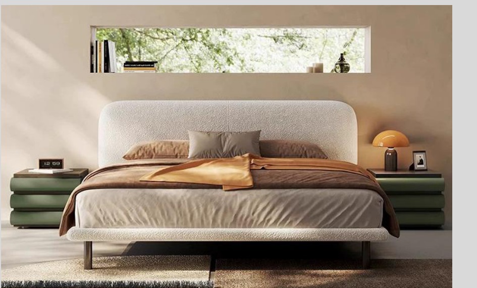 SKELVAR rounded Nordic platform bed in cream textured upholstery