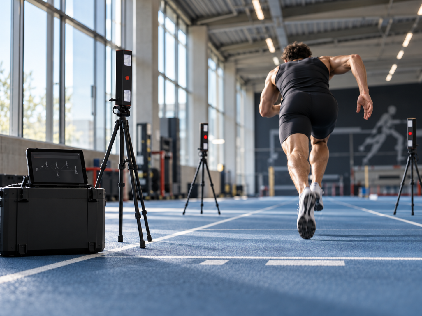 Illustrative athlete sprinting between unbranded timing sensors on tripods in an indoor athletics hall
