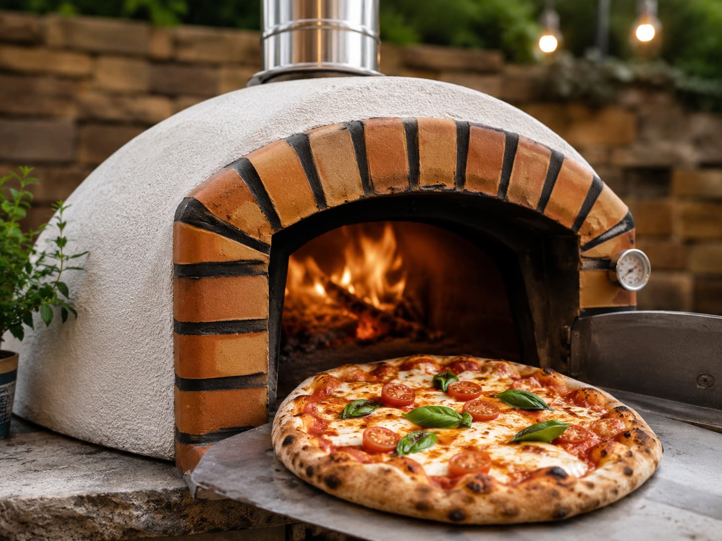 Close view of wood-fired pizza oven with a freshly cooked pizza