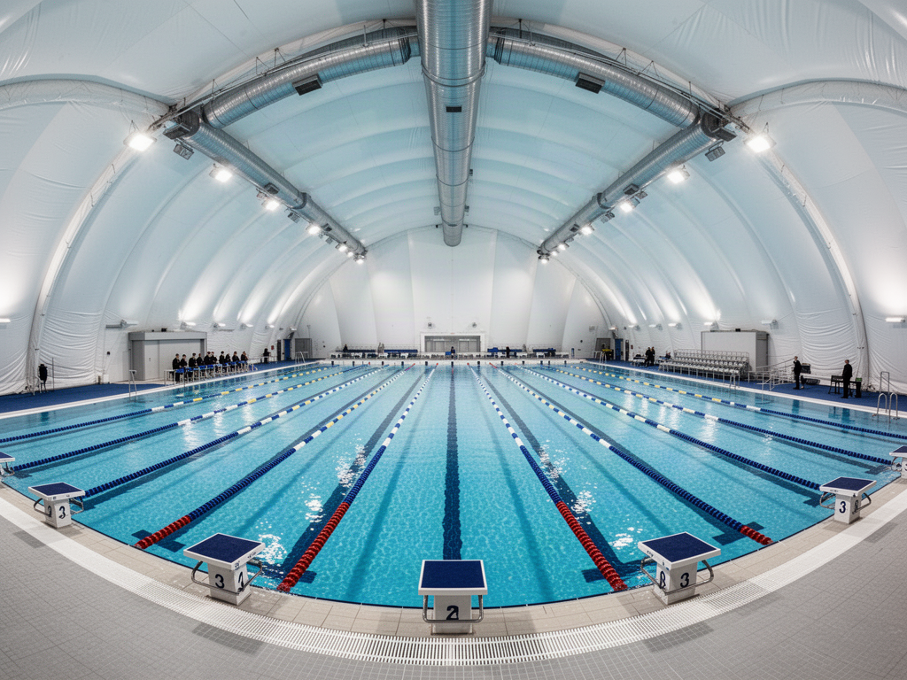 Competition-style lap pool with starting blocks inside an air-supported sports dome