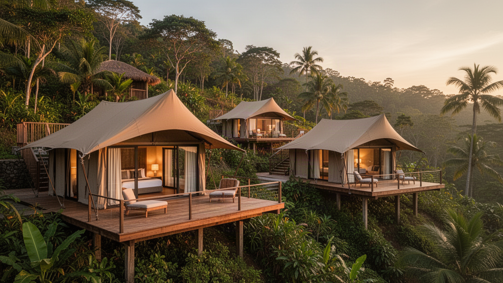 Premium tented resort lodges on decks in a tropical landscape