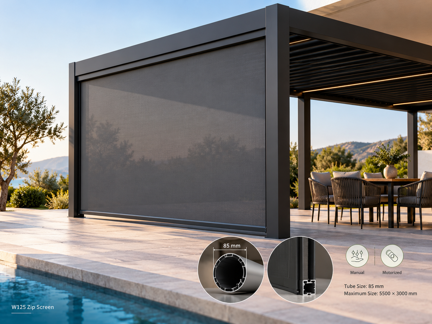 Large-format motorised zip screen — illustrative accessory image