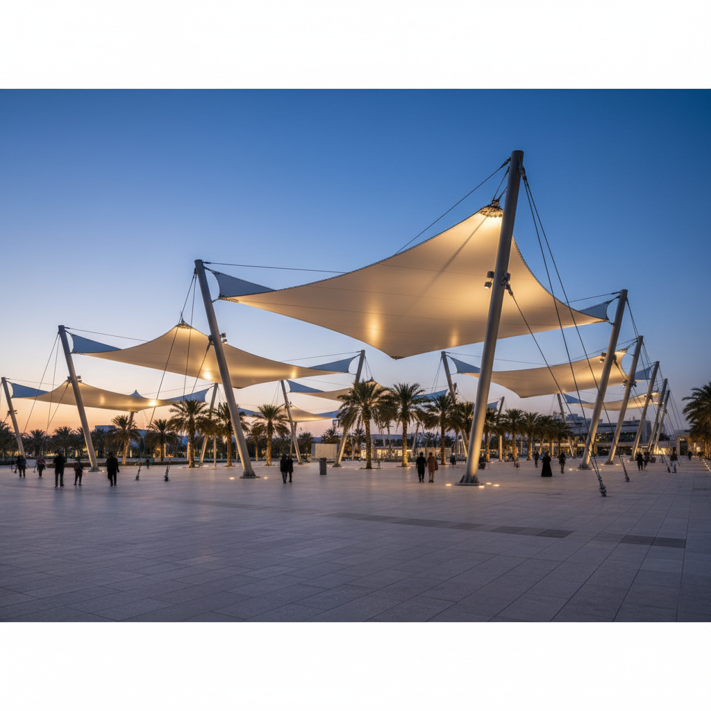 Large architectural tensile membrane canopies in a contemporary public space