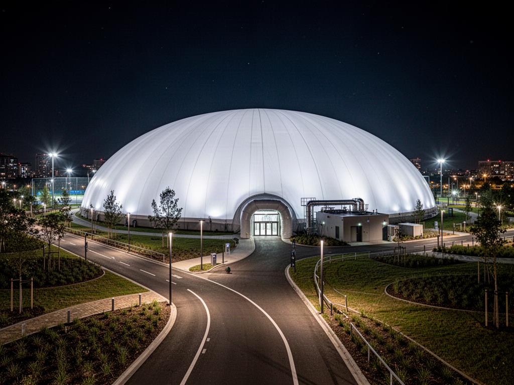 Illuminated air-supported sports dome in a modern urban precinct at night