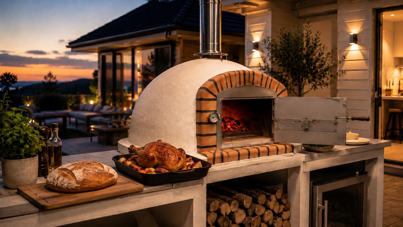 Wood-fired pizza oven in a covered outdoor entertaining space at dusk