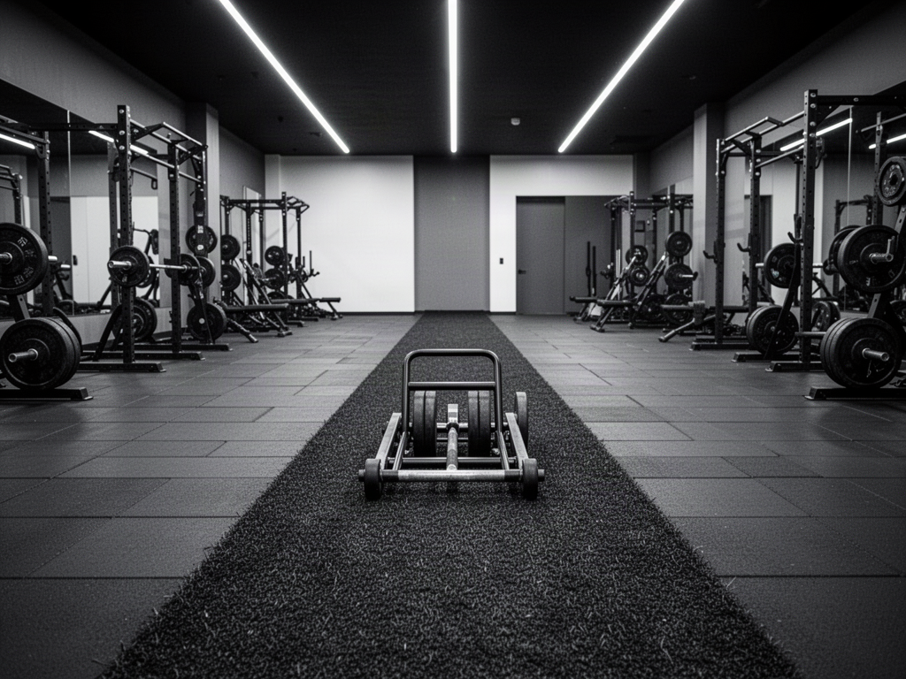 Dark performance sled turf lane inside a functional fitness gym