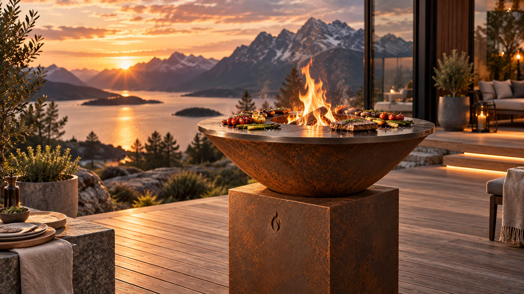 FJARVIK live-fire grill on a premium terrace overlooking a northern mountain landscape