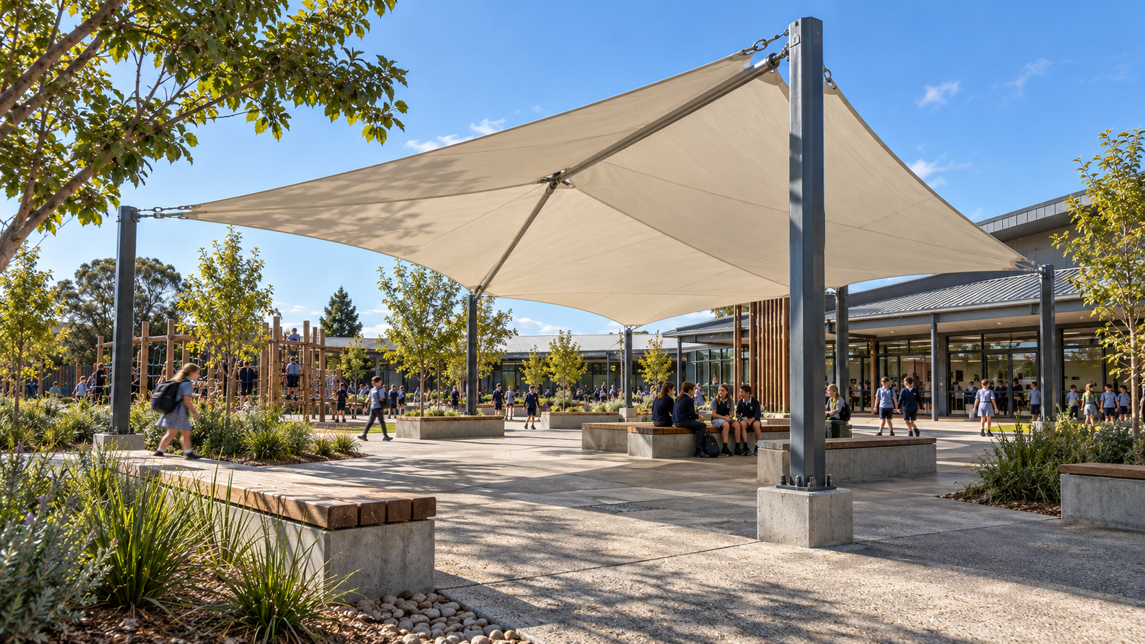 Schools, parks & civic shade — architectural concept illustration