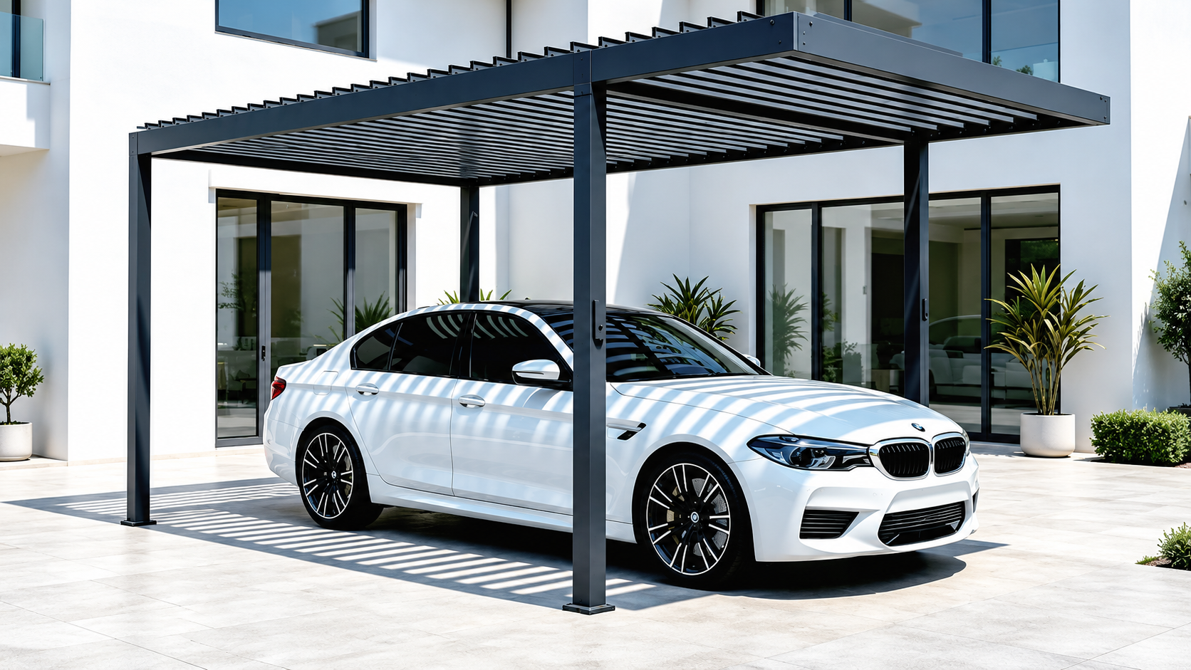 Illustrative residential steel carport with adjustable louvres