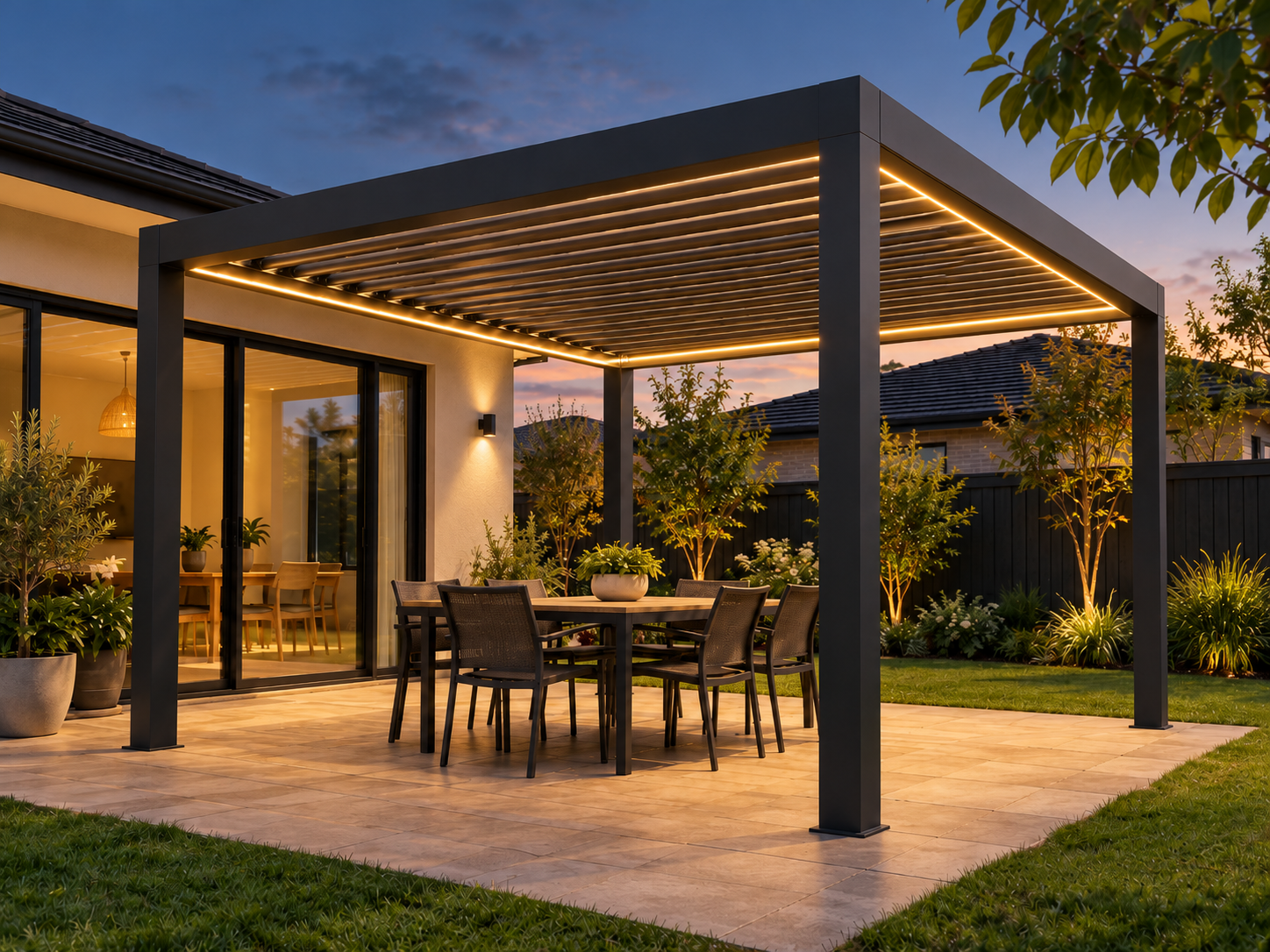 Illustrative evening residential steel louvre pergola with warm lighting