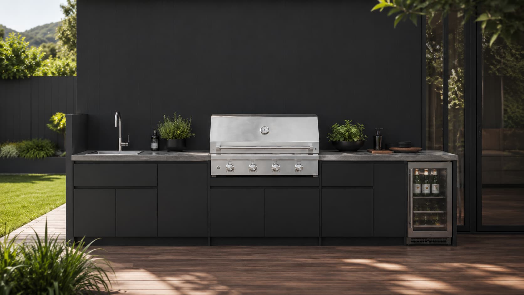 Straight ARVIK outdoor kitchen with sink built-in barbecue and refrigerator