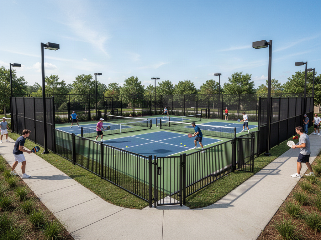 Dedicated outdoor pickleball courts with permanent perimeter fencing and gates