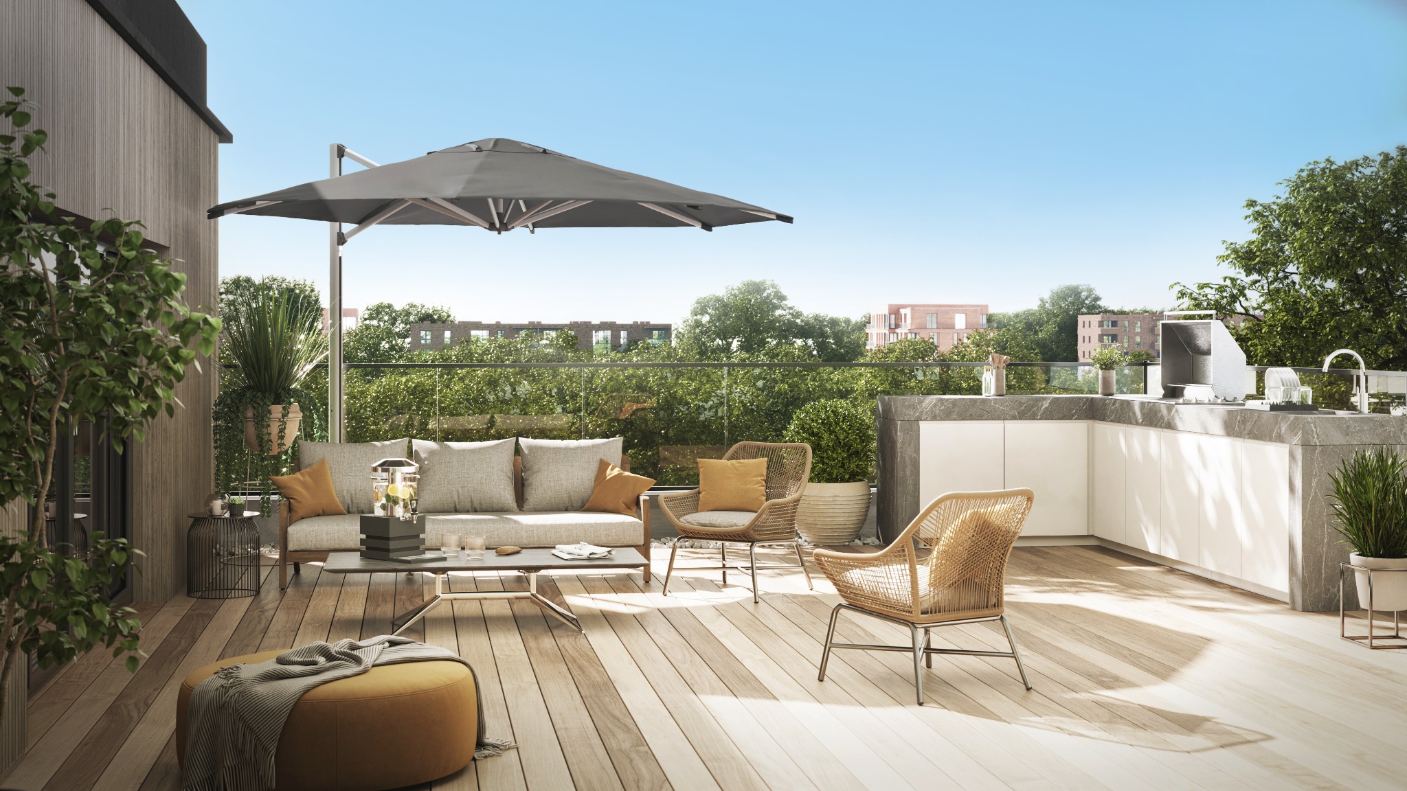 Shadowspec SU4 tilting offset umbrella over a premium outdoor living area