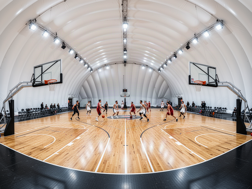 Full basketball court with professional backstops inside an air-supported sports dome