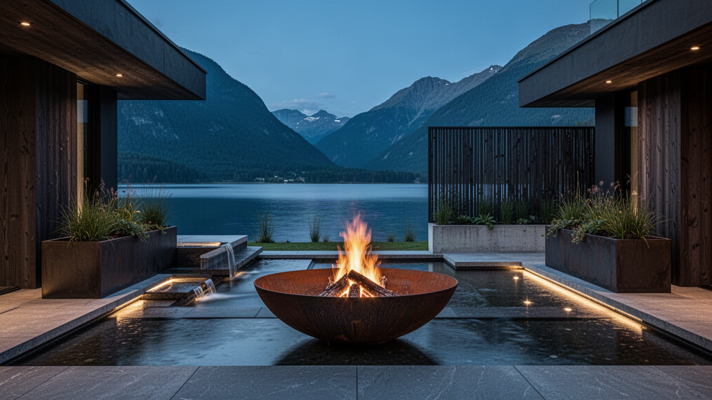 SVALDR elemental outdoor architecture combining fire, water, weathered steel, planting and light