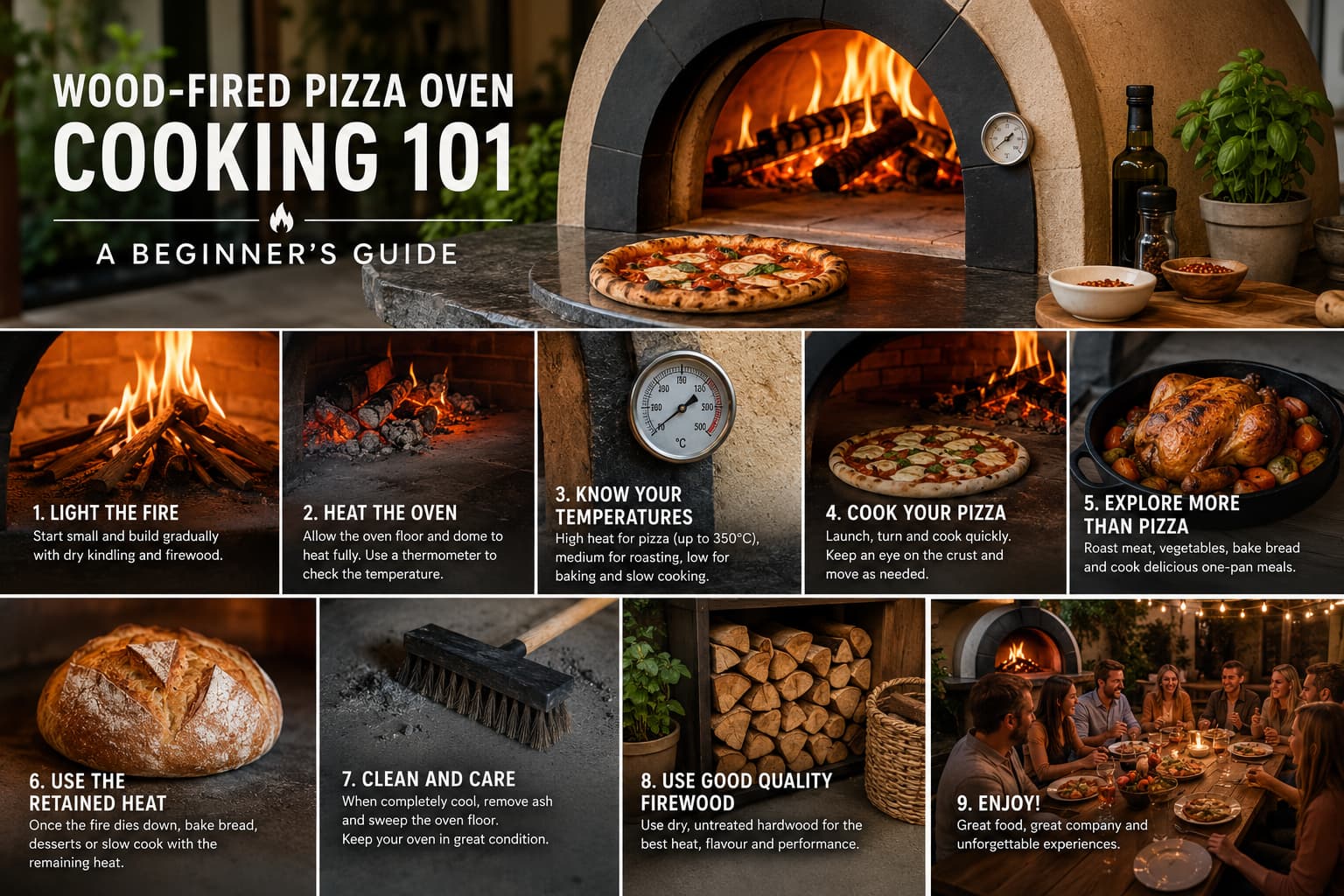 Outdoor wood-fired oven with pizza on a preparation bench