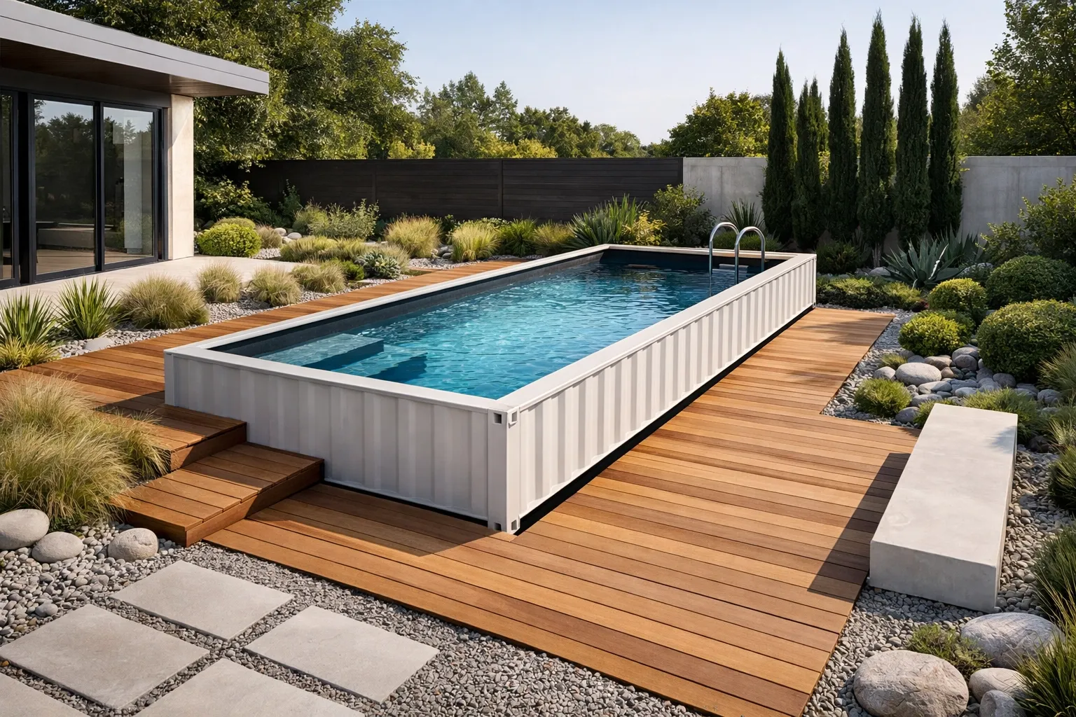 Auremont modular pool integrated with a deck and architectural exterior treatment