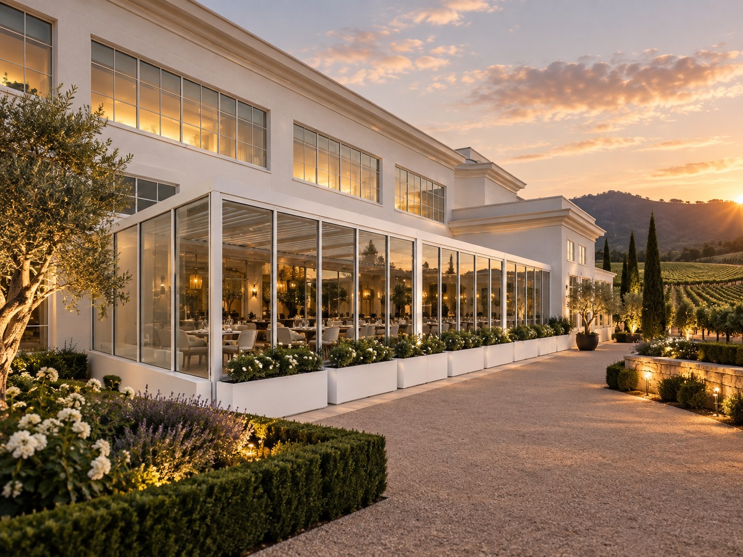 Glass-enclosed architectural louvre roof in a vineyard hospitality setting
