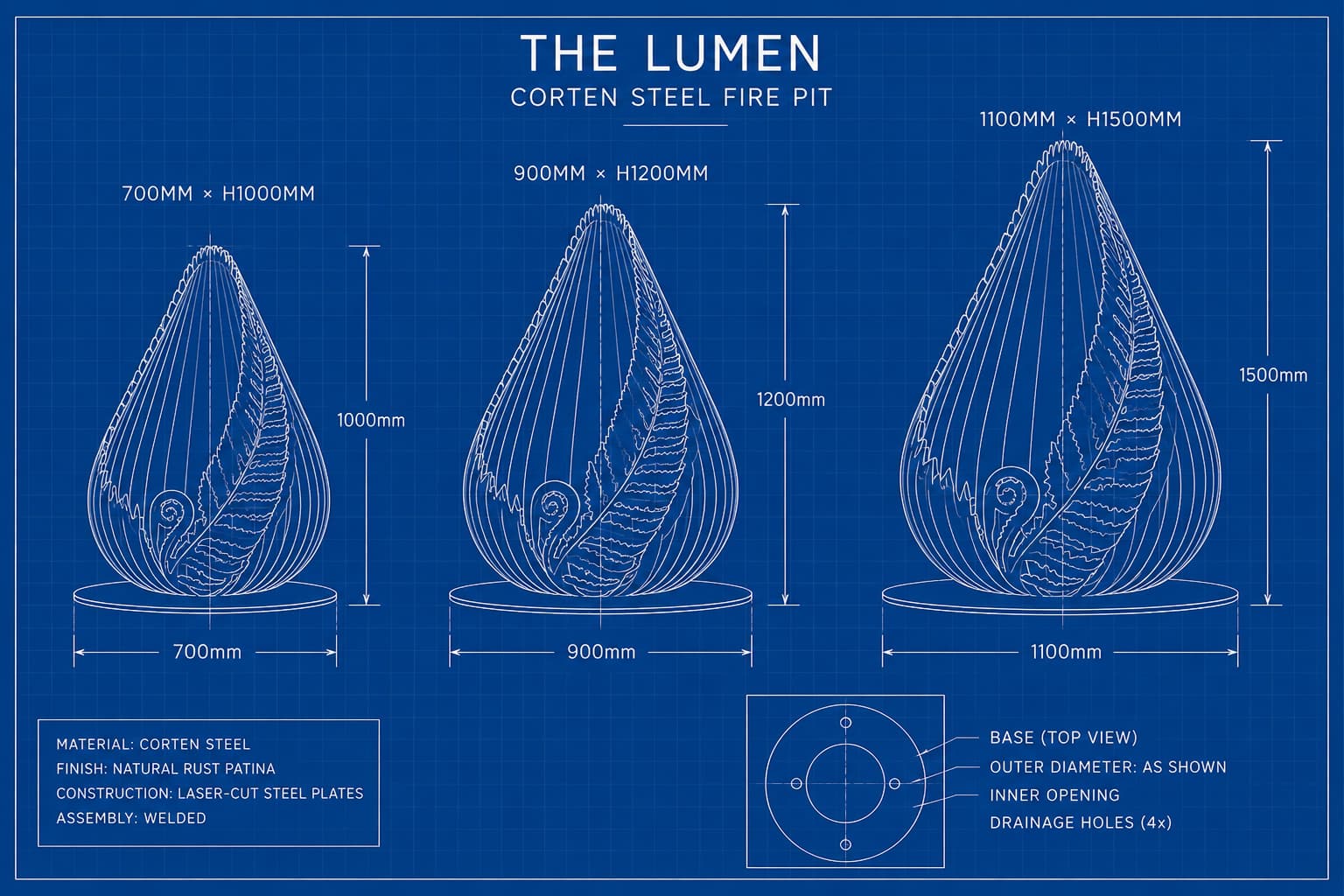 The Lumen fire pit technical drawing showing 700, 900 and 1100 mm size pathways