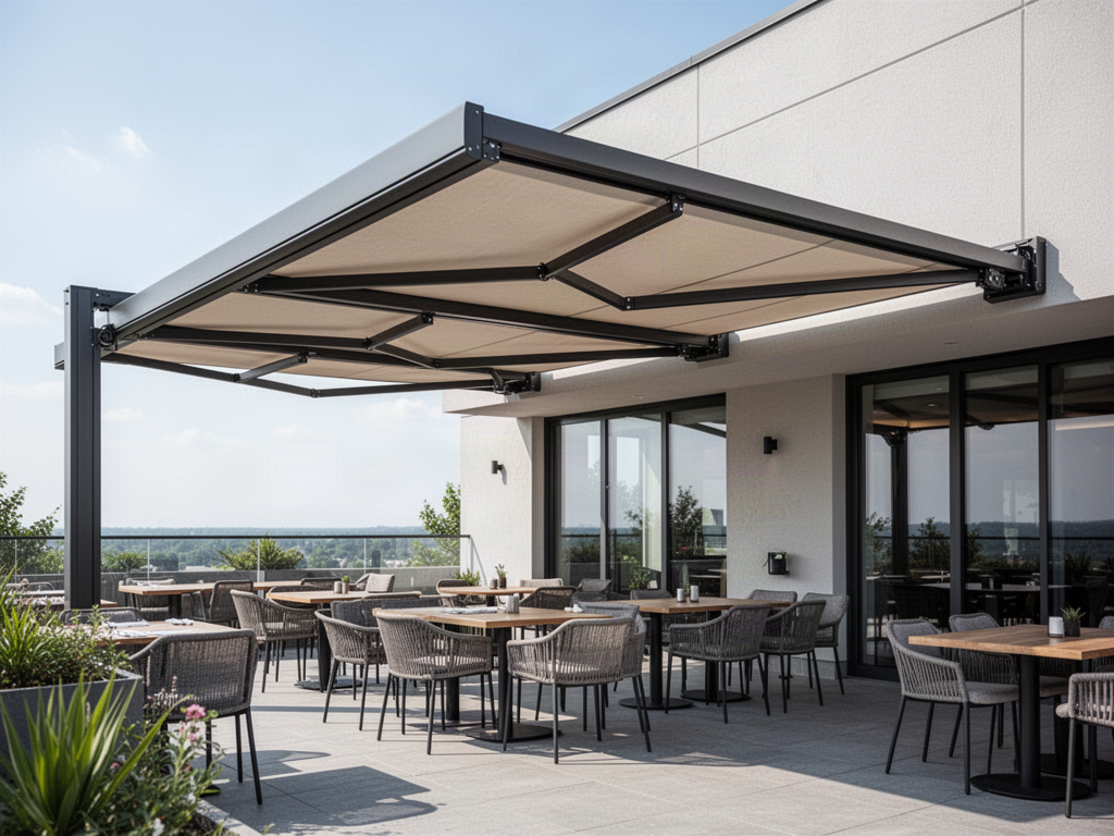 Contemporary commercial terrace with retractable articulated cassette awnings