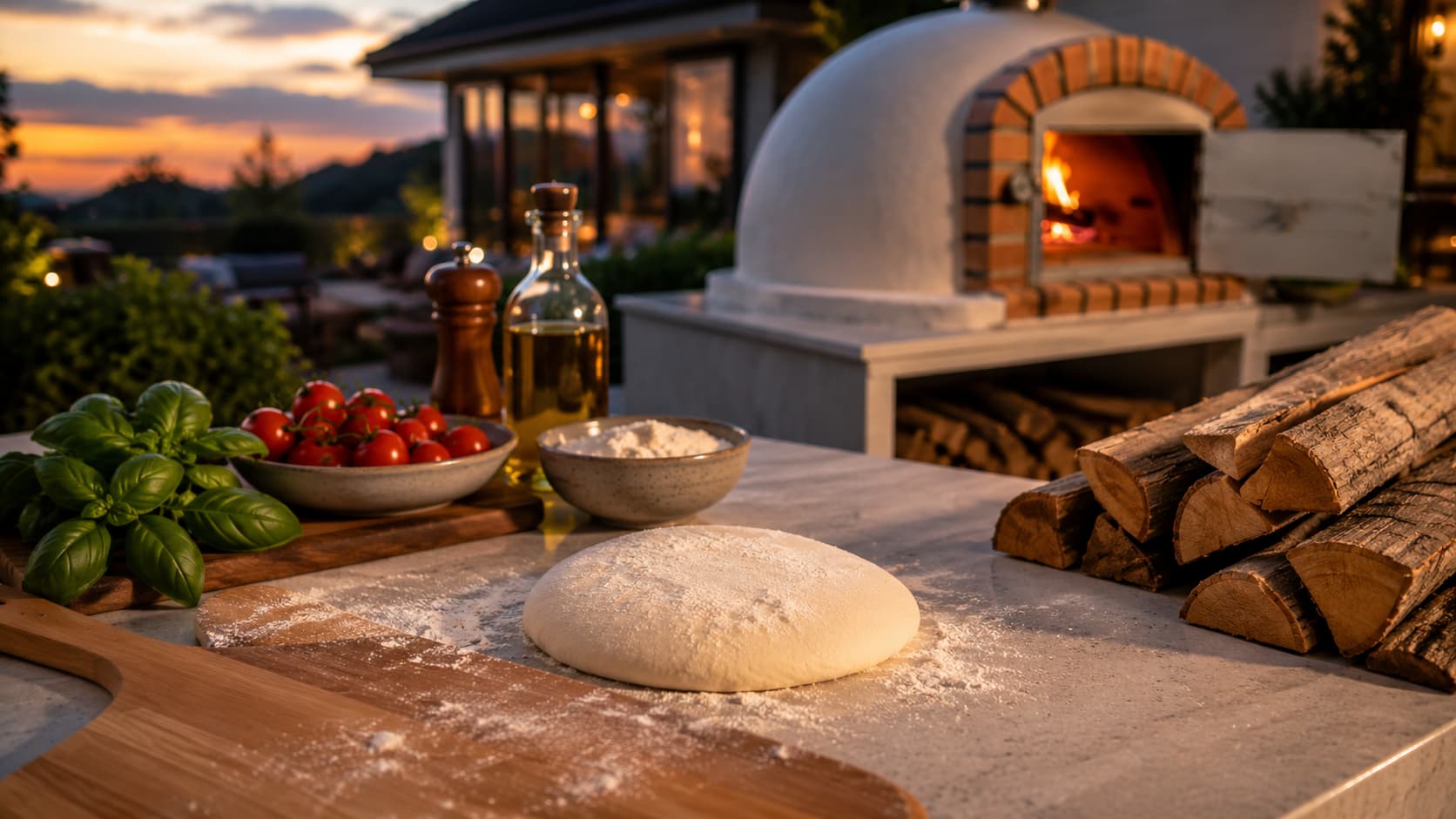 Friends dining beside a lit outdoor wood-fired oven