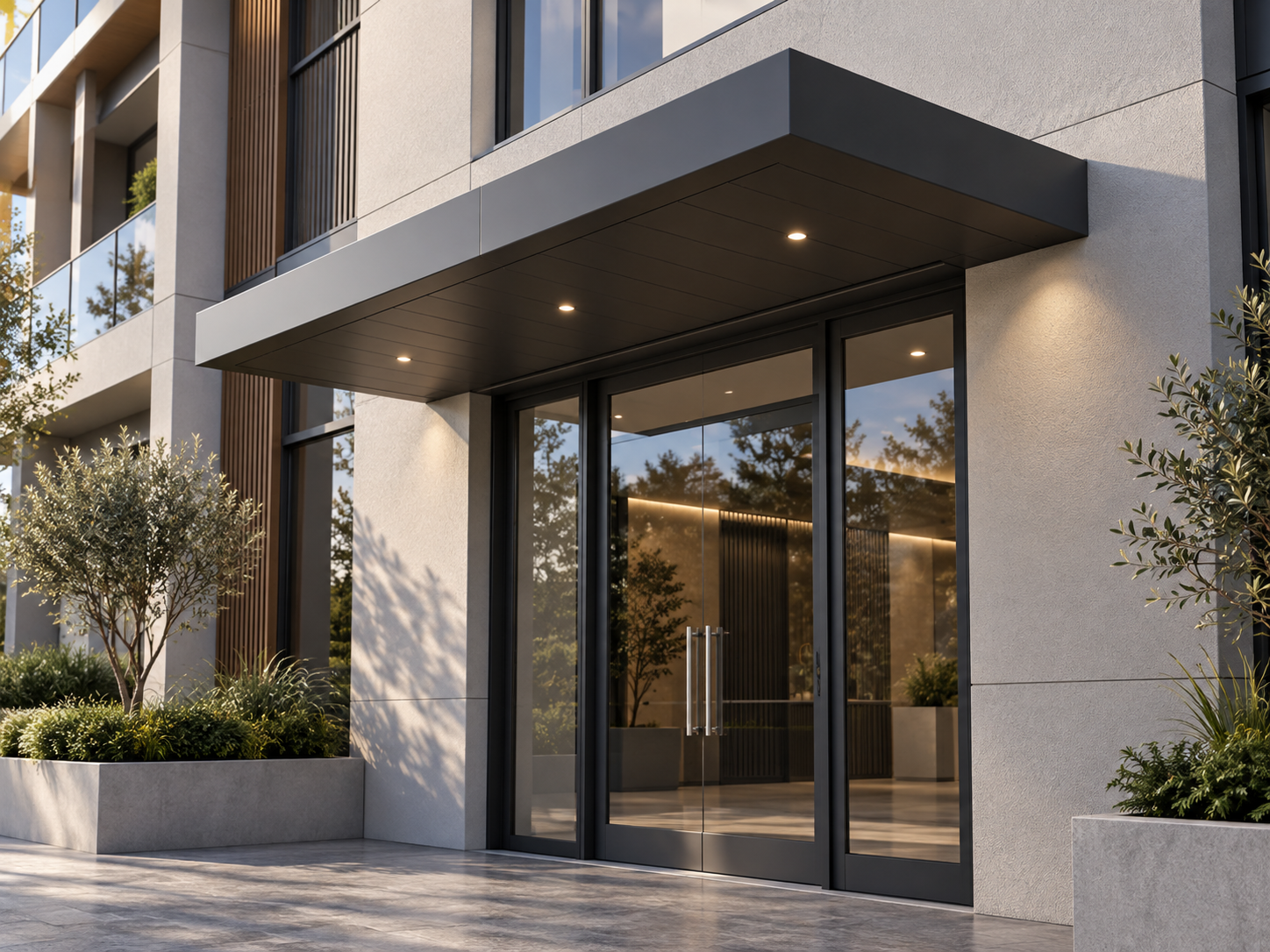 Minimalist graphite entrance canopy