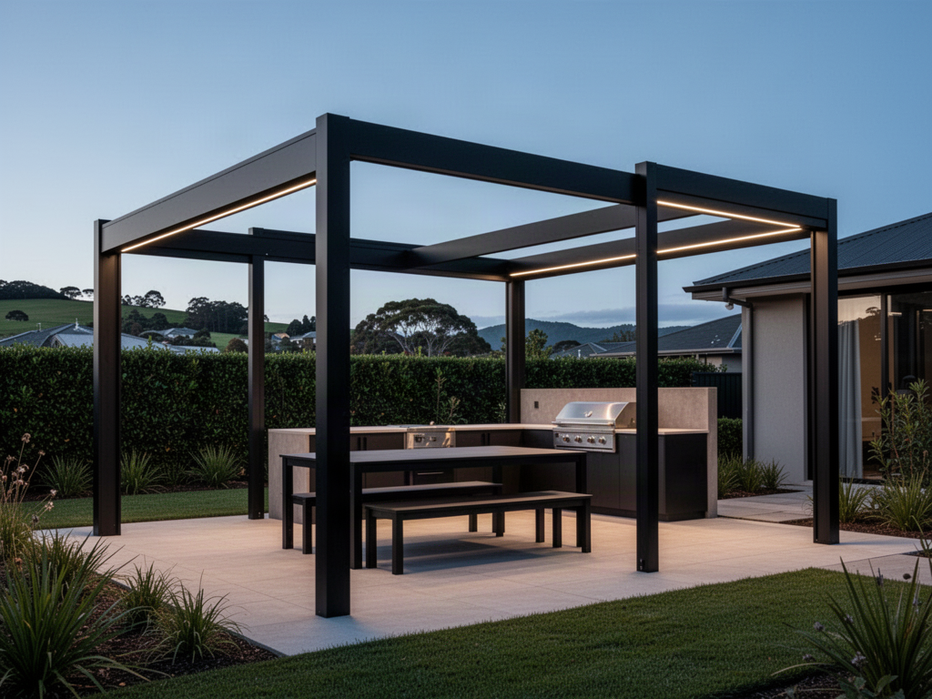Black CADARN FRAME open aluminium structure around an outdoor kitchen
