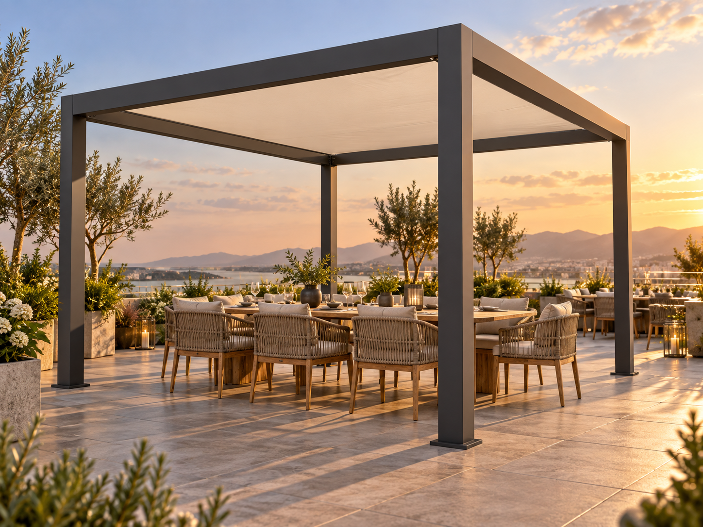Large dark CADARN FRAME with fitted fabric shade over a hospitality dining terrace