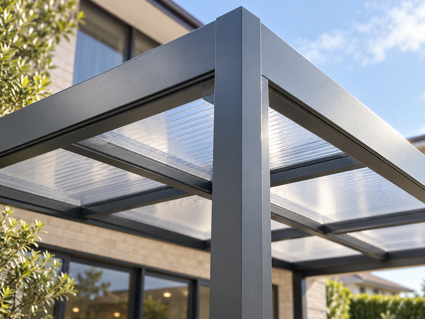 Close-up of CADARN Fixed Roof charcoal post beam and polycarbonate roof interface