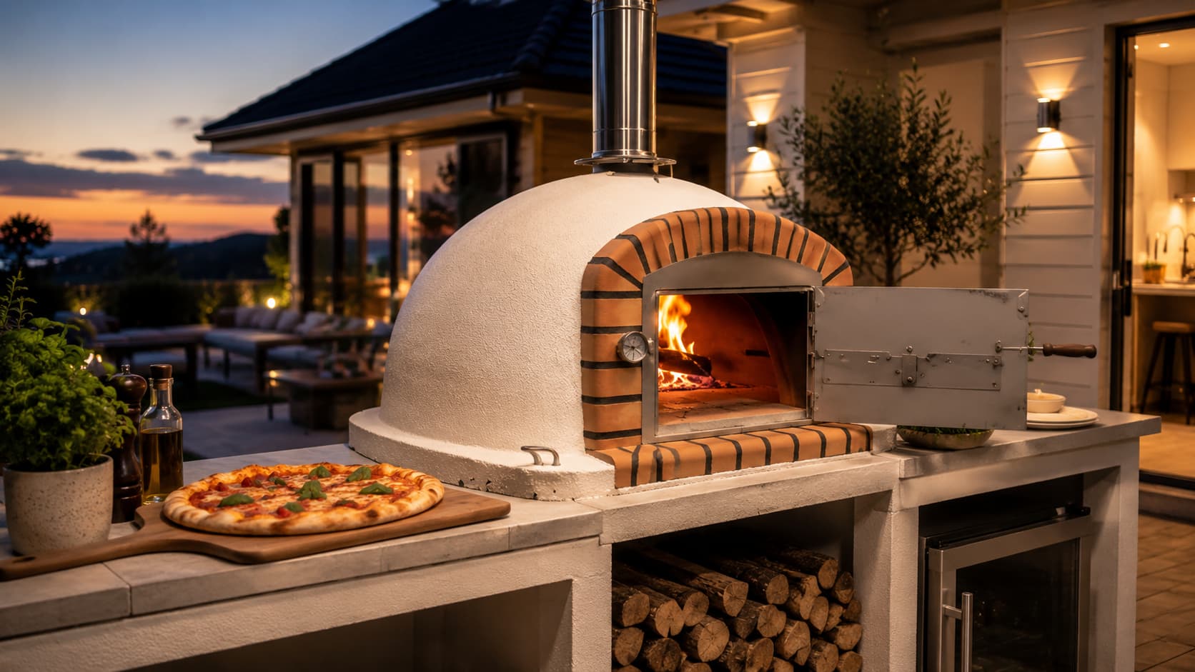 Pizza dough, ingredients and firewood arranged beside a wood-fired oven