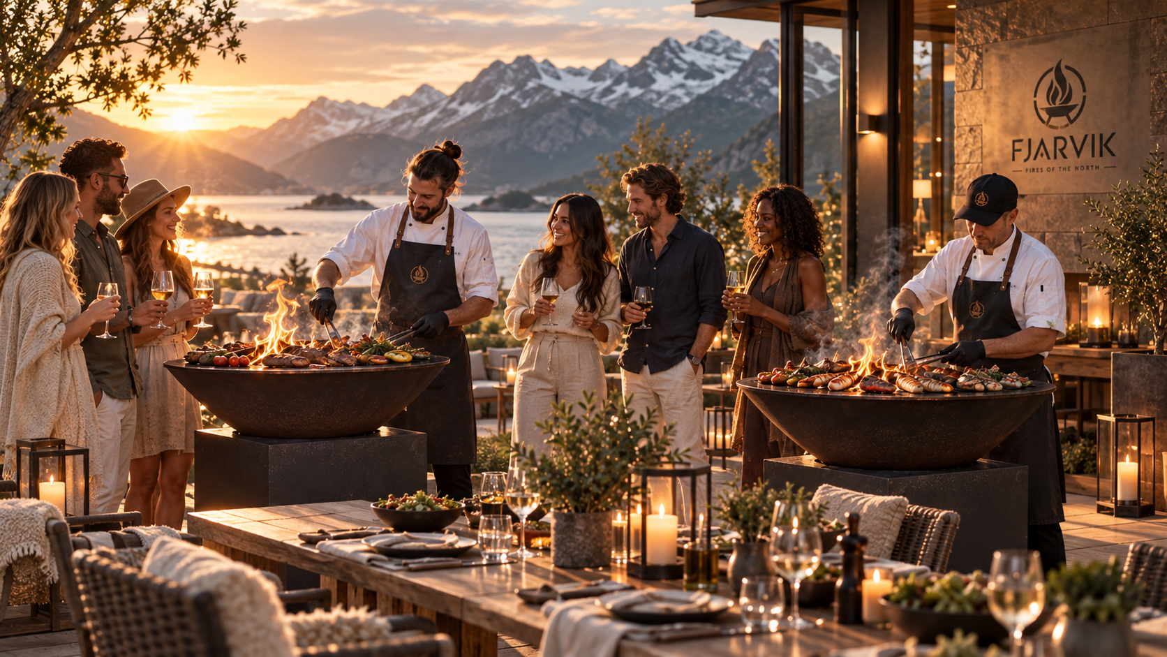 Two FJARVIK live-fire stations in a premium hospitality setting with chefs and guests