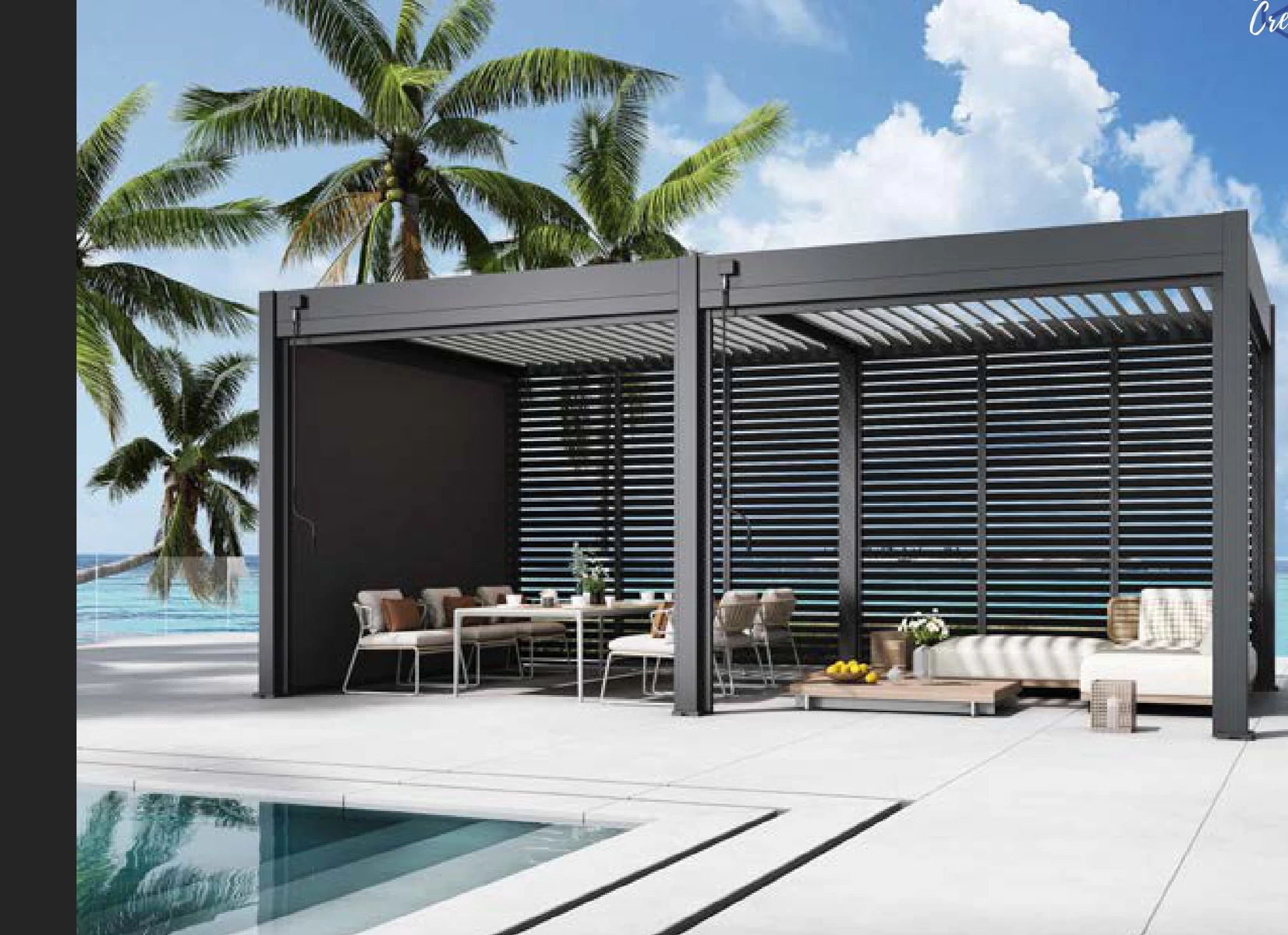 VARDHUS ONE louvred pergola beside a swimming pool